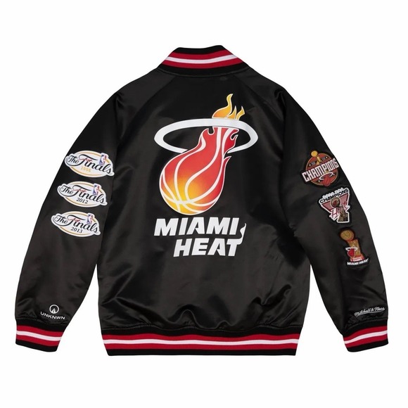 UNKNWN X Mitchell and Ness X Miami HEAT My Towns Black Satin Jacket Size M NWT - Picture 2 of 13